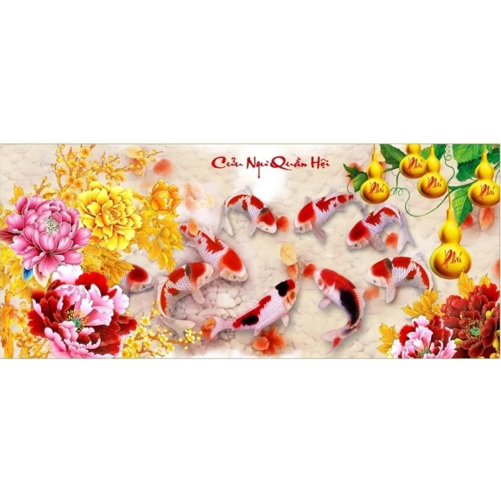 Tranh thêu chữ thập Cửu ngư quần hội LV3409, tranh 3D, kích thước 130 x 65 cm