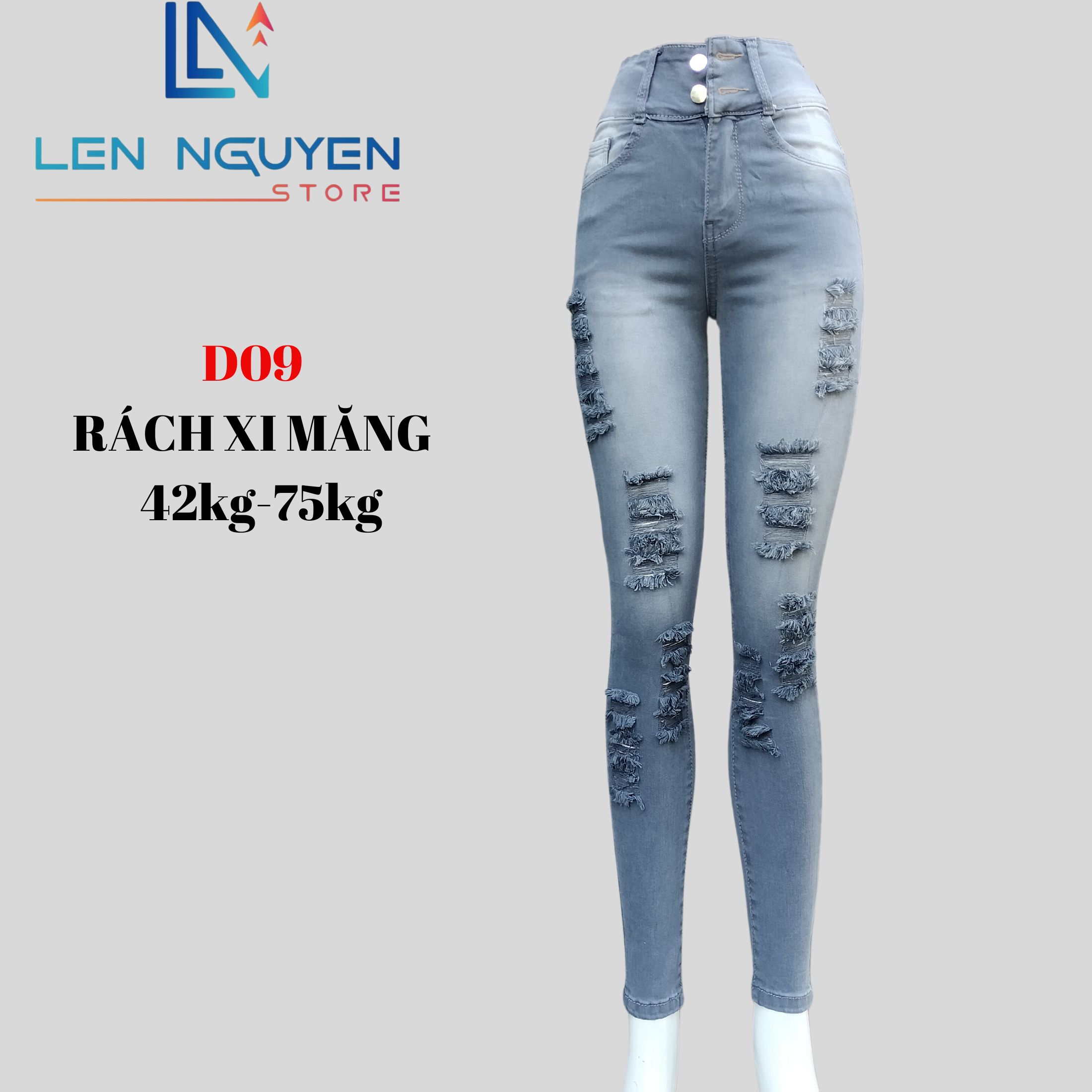 D09_ Quần Jean Nữ Dài 95cm Lưng Siêu Cao,Màu Xi Măng Rách Và Trơn Quần Jean Nữ Dài Có Bigsize Từ 42kg đến 80kg Pants Bò Denim Women Có Túi - Rách Xi Măng