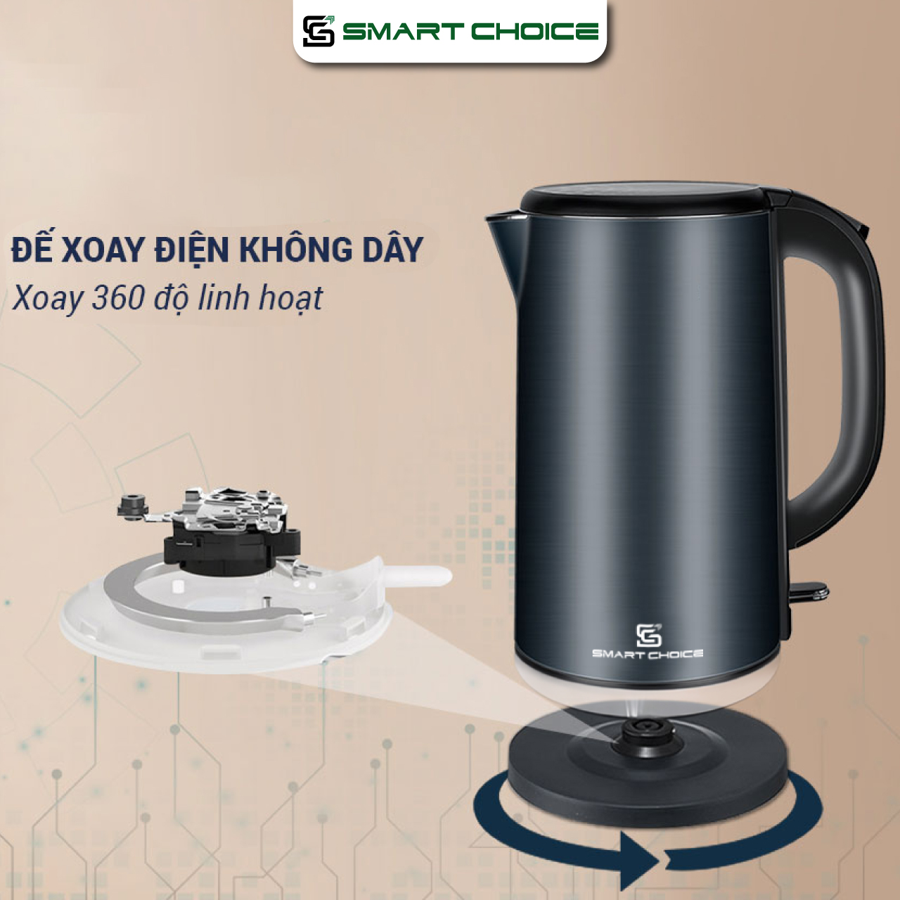 Ấm Siêu Tốc Điện SMARTCHOICE SCG-K005 1.8L 1800W, 3 Lớp Cách Nhiệt, Sôi Nhanh BH 18 Tháng Hàng Chính Hãng