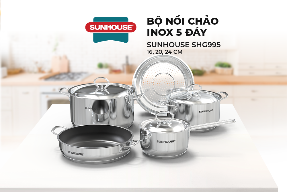 Bộ nồi chảo inox 5 đáy Sunhouse SHG995