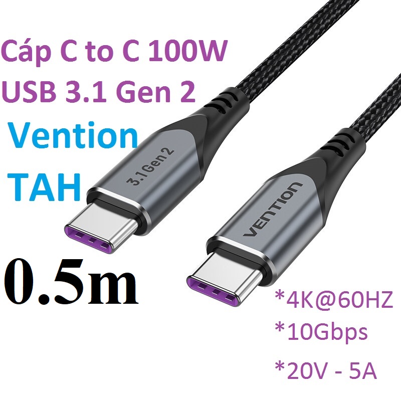 Cáp C to C USB3.1 Gen 2 sạc 100W truyền hình ảnh 4K Vention TAHHF/ mcdodo CA713 4K@30Hz  _ Hàng chính hãng