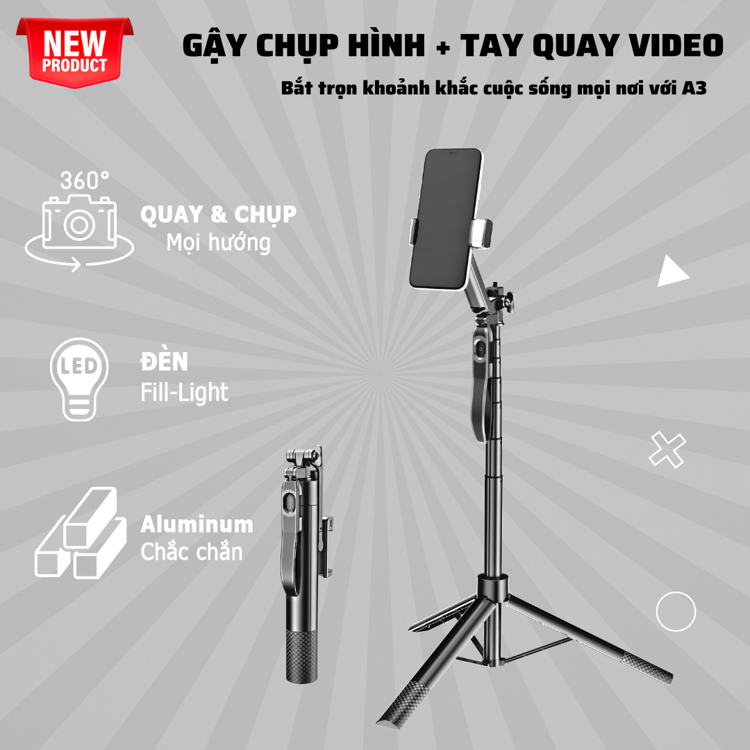 Gậy selfie CYKE A3 có tay cầm chụp ảnh, quay video livestream tự sướng với khung thân hợp kim bền, hỗ trợ đèn LED và tích điều khiển bluetooth từ xa 10 mét, Hàng chính hãng