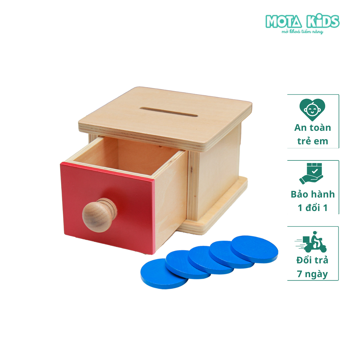 Đồ chơi hộp thả xu có ngăn kéo cho bé từ 15-18 tháng Montessori Mota- Phát triển thị giác & sử dụng tay- Hàng chính hãng