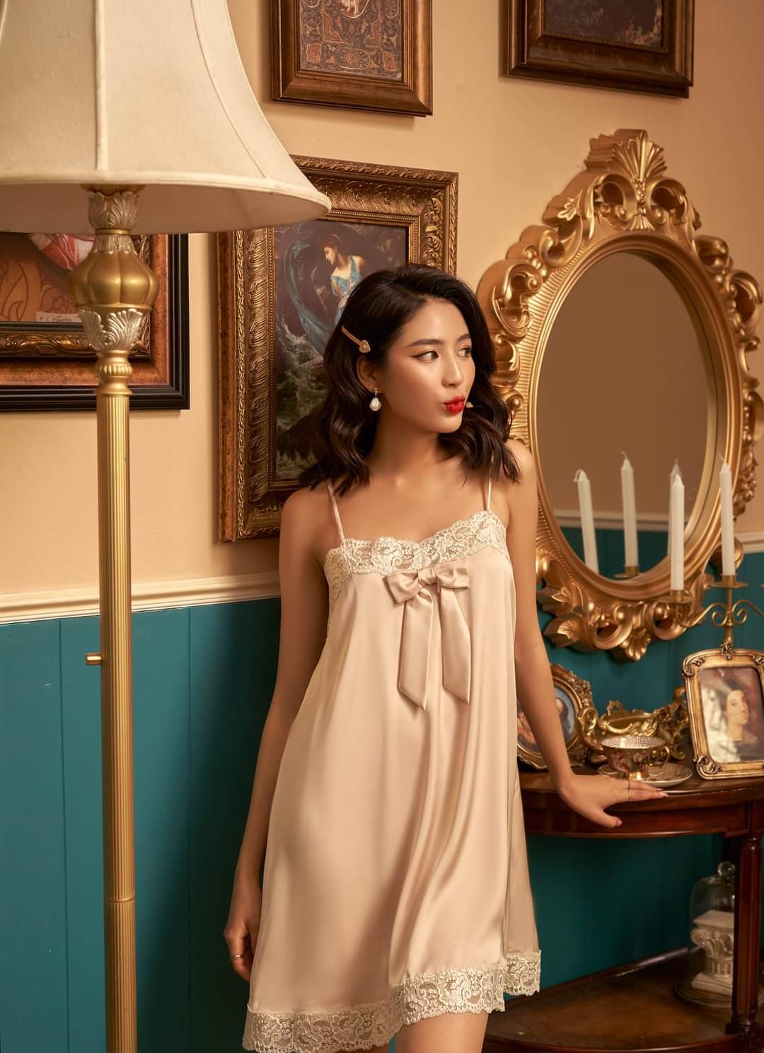 [Hantu Sleepwear]-Set áo choàng kèm váy ngủ phối ren cúp ngực xinh xắn,sang trọng-Màu đỏ-Nude-Hồng