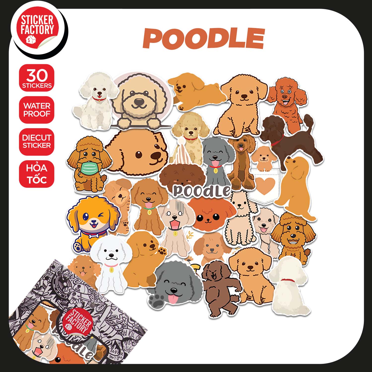 Poodle Dog - Set 30 sticker decal hình dán nón bảo hiểm, laptop, xe máy, ô tô - STICKER FACTORY