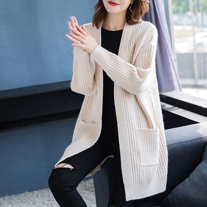 Áo khoác len cardigan dáng dài có túi xinh xắn phong cách Hàn Quốc