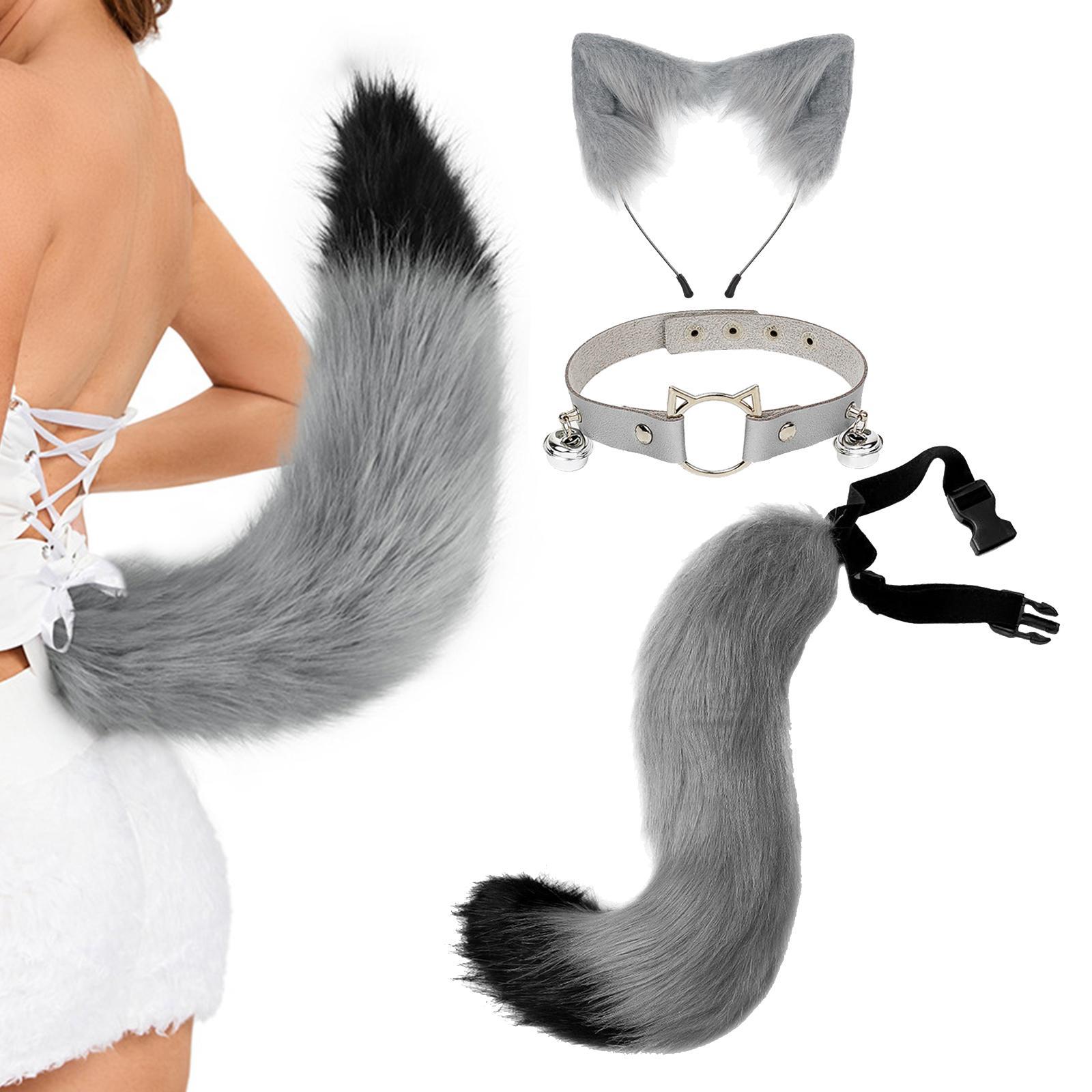 3x Plush Fox Ears and Tail Set Cosplay Cat Ears Headband with Tail Furry Wolf Long Tail for Prop Fancy Dress Role Play Halloween Kids Adult