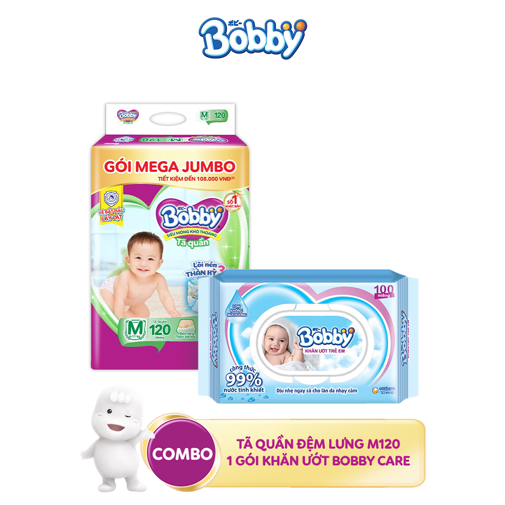 Combo Tã quần Bobby có đệm lưng thấm mồ hôi M124 và 1 Gói khăn ướt trẻ em Bobby care không hương 100 tờ