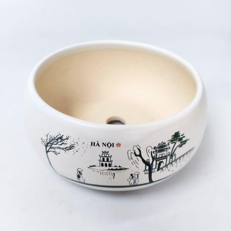 Chậu hạt dẻ lùn, ang tròn to trồng cây bonsai, cây cảnh đẹp có in hình