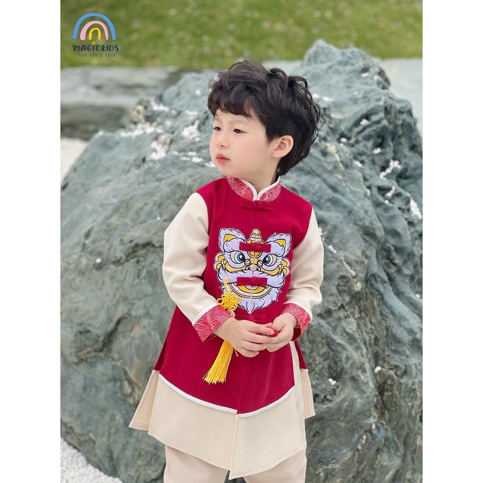 Áo dài bé trai Magickids dáng cách tân thêu lân sư kèm dây khánh chất nhung tăm mẫu mới Tết 2023 Quần áo trẻ em AD22002