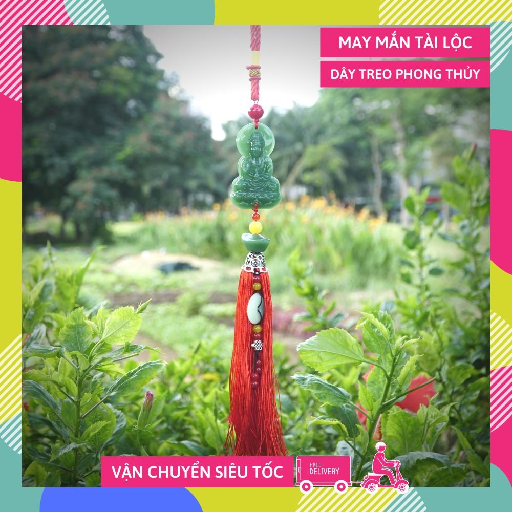 Dây treo xe ô tô Bồ Tát ngọc bội xanh tua đỏ bình an tài lộc