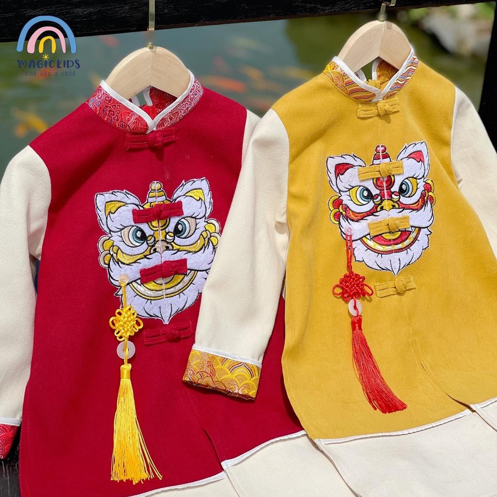 Áo dài bé trai Magickids dáng cách tân thêu lân sư kèm dây khánh chất nhung tăm mẫu mới Tết 2023 Quần áo trẻ em AD22002