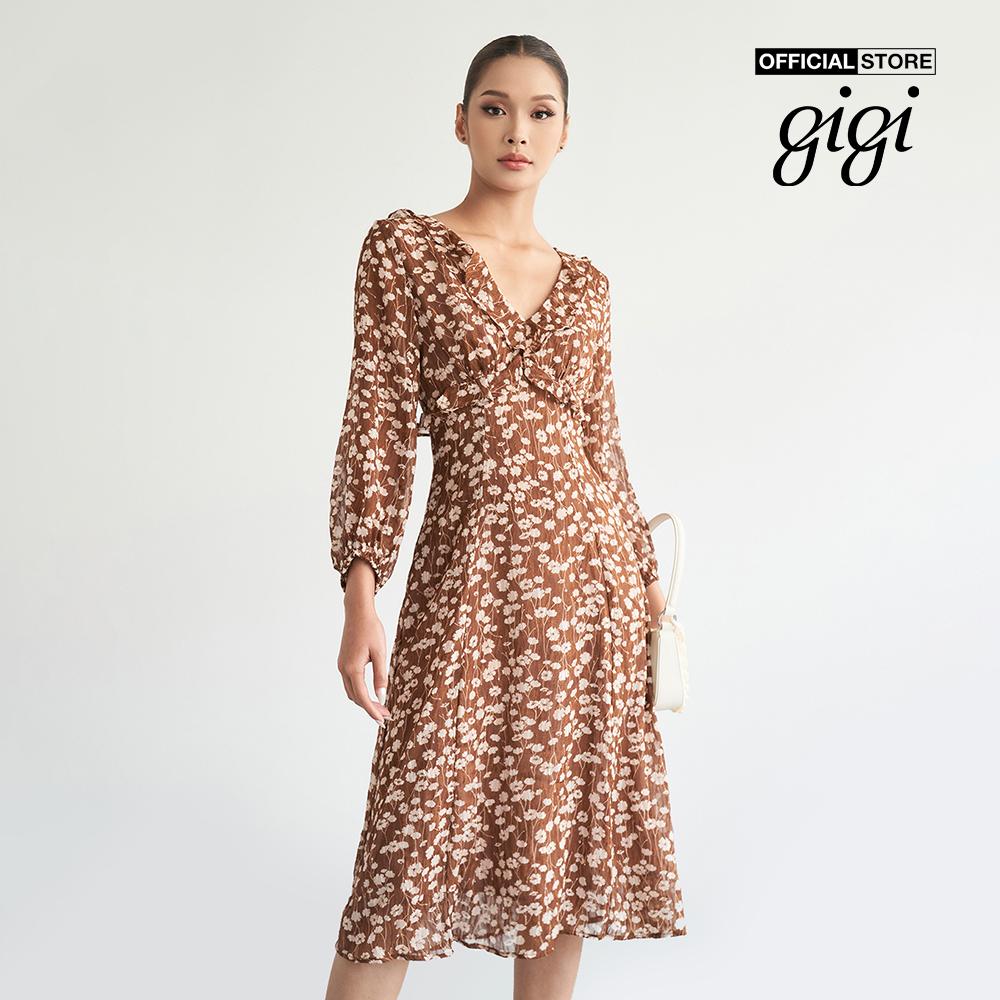 GIGI - Đầm midi tay dài cổ V phối họa tiết hoa nữ tính G2102D222109