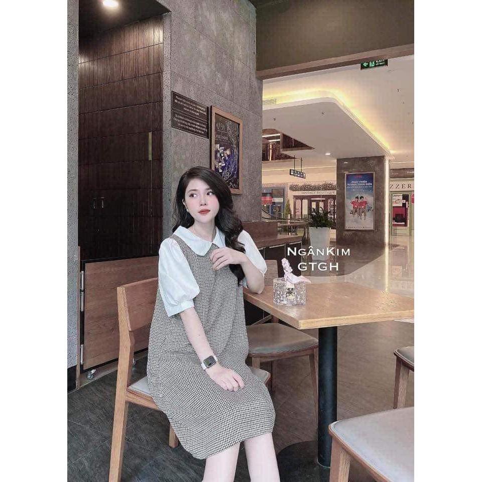 Váy bầu kẻ zigzag cổ sen tay bồng