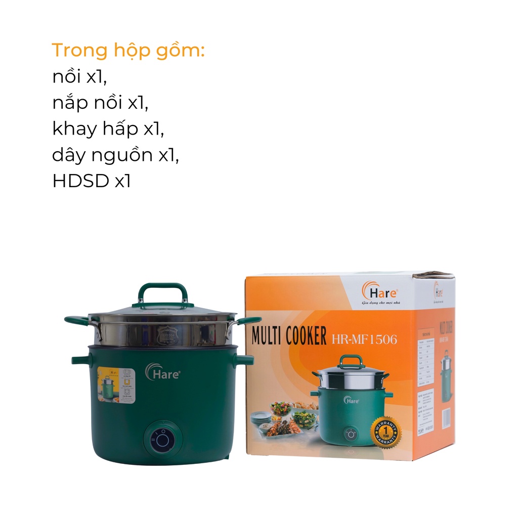 Nồi lẩu điện đa năng mini HR-MF1506 (1.5L) -hàng chính hãng thương hiệu Hare - bảo hành 12 tháng