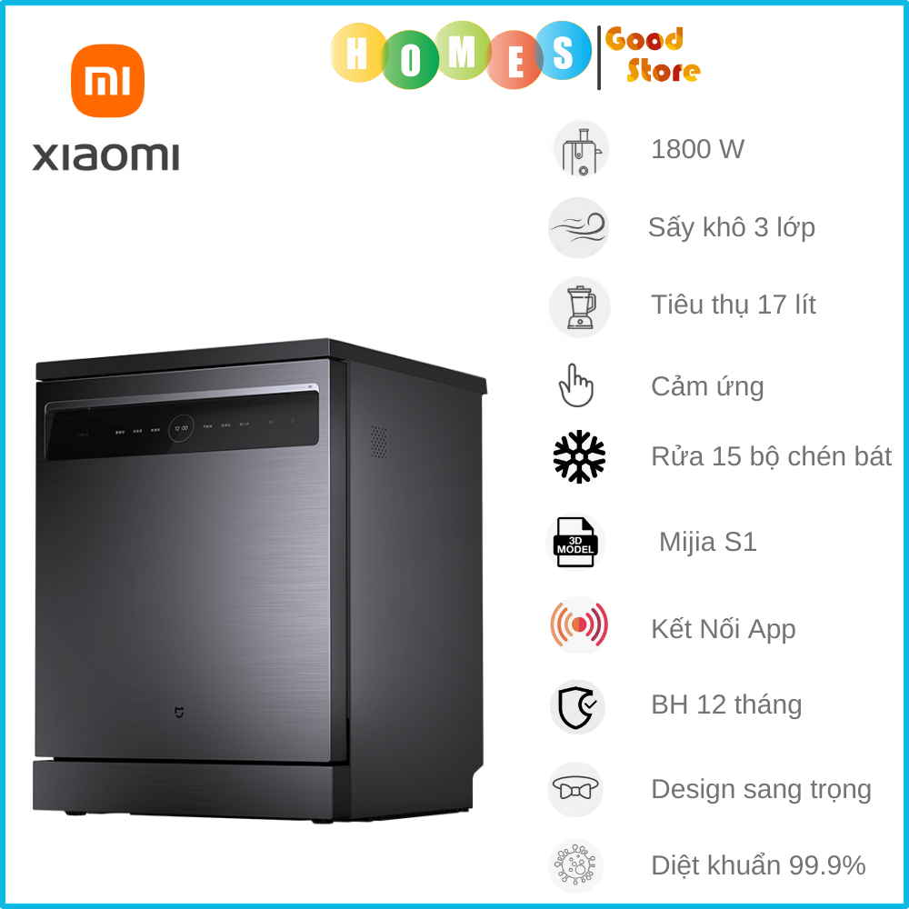 Máy Rửa Chén Bát Xiaomi Mijia S1 15 Bộ – Khử Trùng 99,9% Cảm Biến Thông Minh Tiêu Thụ Nước Ít Hơn 85% Rửa Tay, Kết Nối App Xiaomi - Hàng Nhập Khẩu