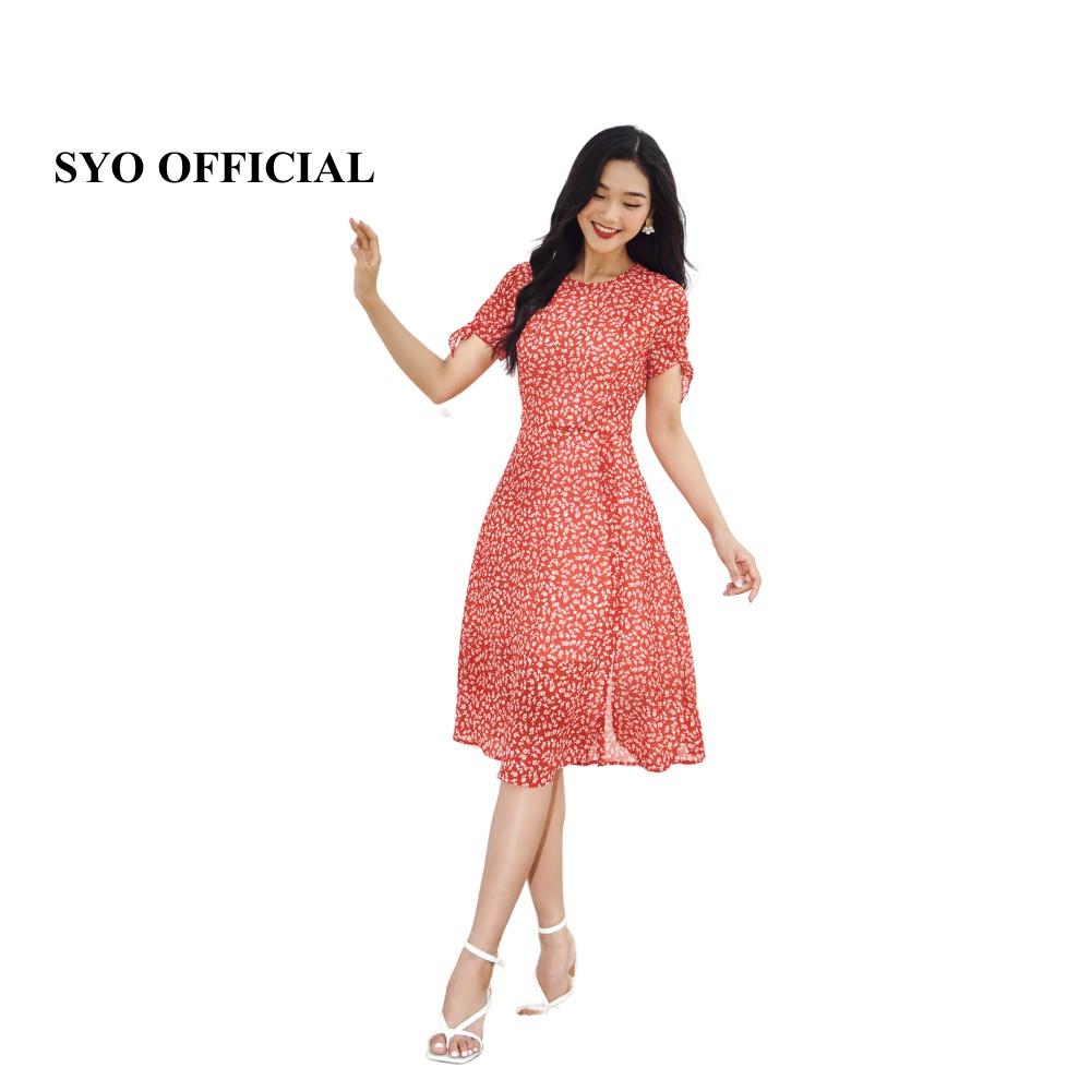 Đầm midi hoa nền xanh, tay buộc nơ SYO D3009-21