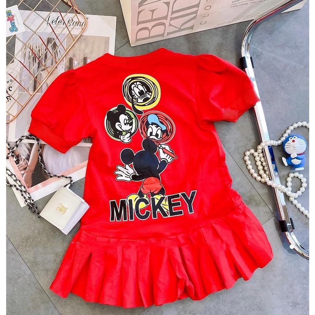 Đầm thun bé gái đuôi cá tay ngắn thun cotton mùa hè mềm mịn in Mickey cực xinh cho bé 10-38kg-đầm bé gái