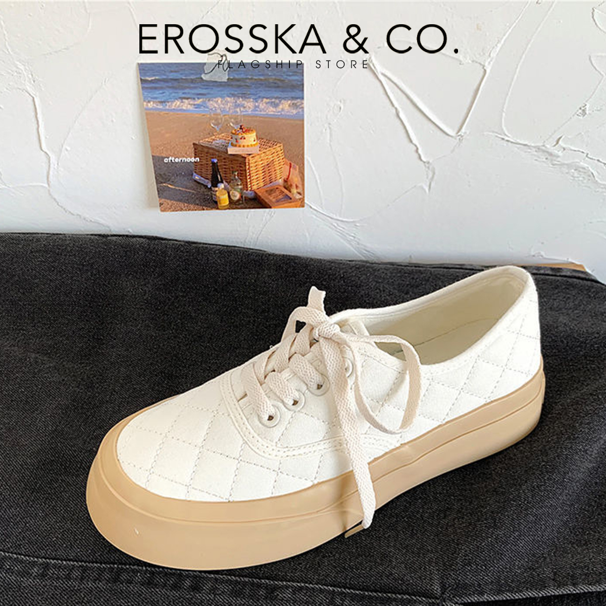 Erosska - Giày sneaker đế dày phối kem đi học phong cách vintage - GS014