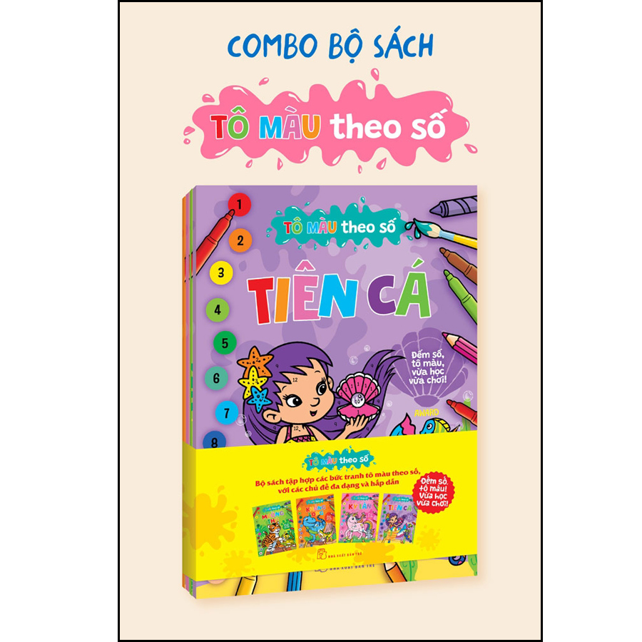 Tô màu theo số - Combo 4 cuốn: Muông thú, Khủng long, Tiên cá, Kỳ lân