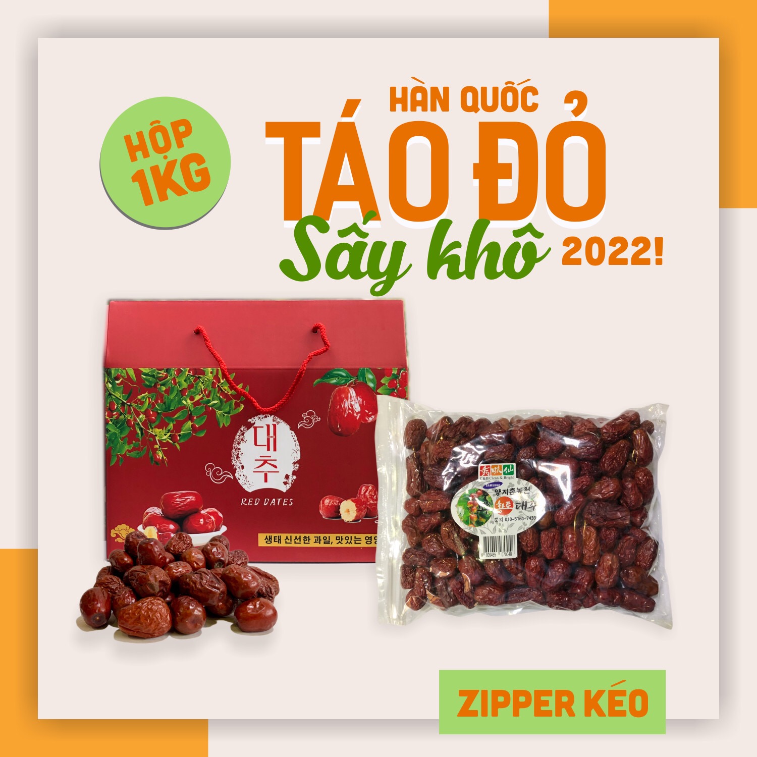 Táo chuẩn Hàn Quốc sấy khô hộp 1kg Mẫu Mới có zipper kéo.