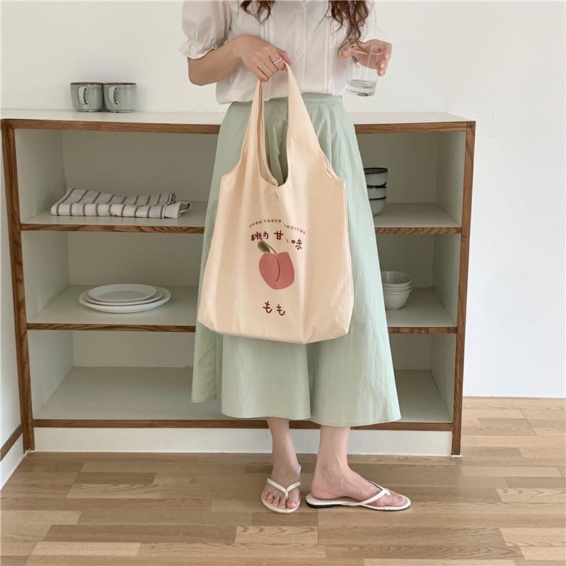 Túi vải tote canvas đeo vai in hoạ tiết quả đào dày dặn thời trang nữ Lae Store