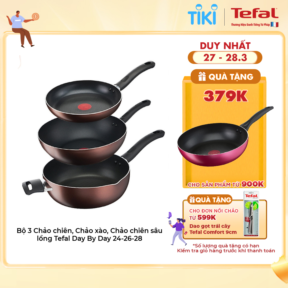 Bộ 3 Chảo chiên, Chảo xào, Chảo chiên sâu lồng Tefal Day By Day 24-26-28  Dùng cho mọi loại bếp - Báo nhiệt thông minh - Hàng chính hãng