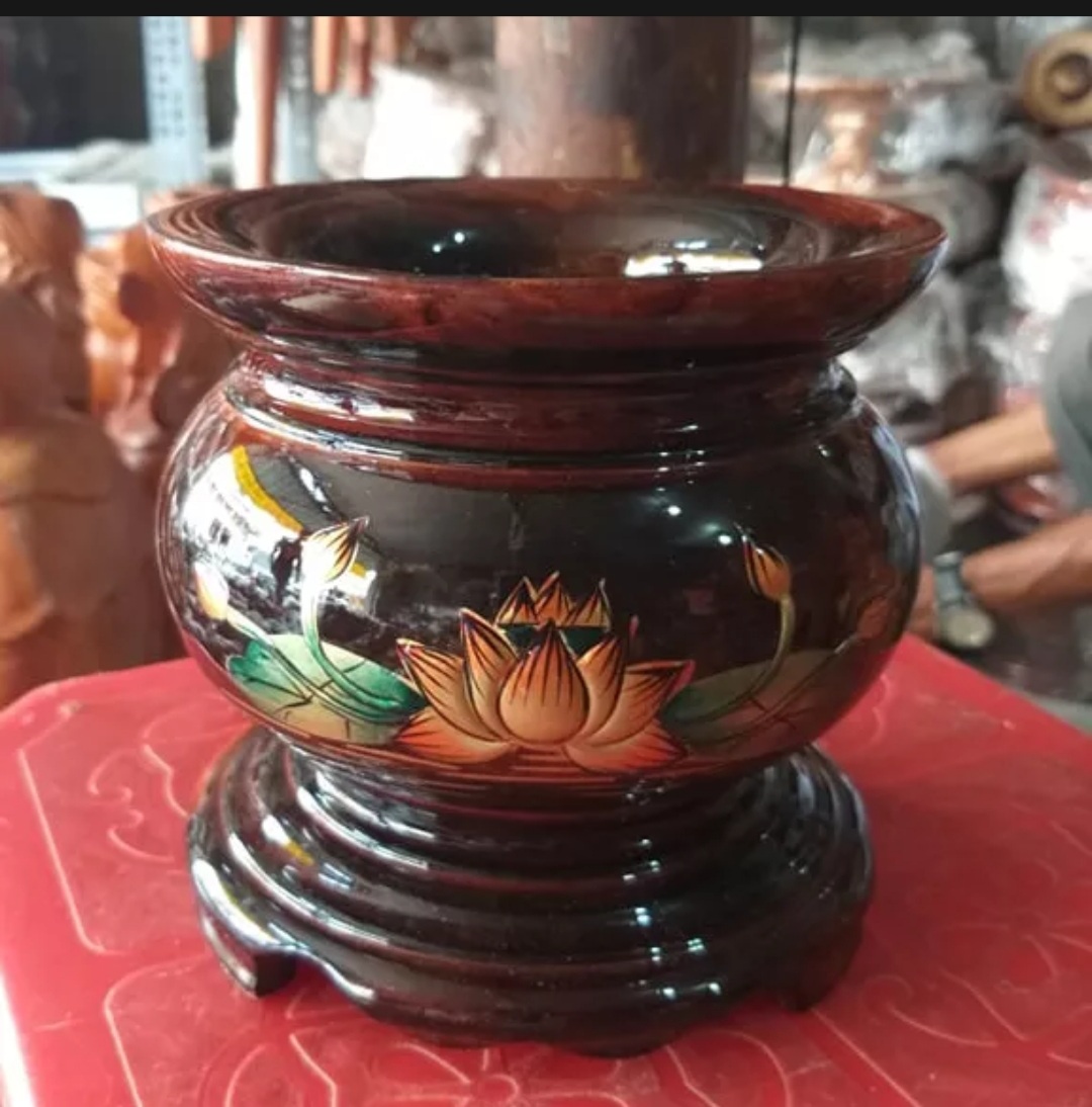 Bát nhang,lư hương gỗ xoan đào hoạ tiết hoa sen đk -16 cm