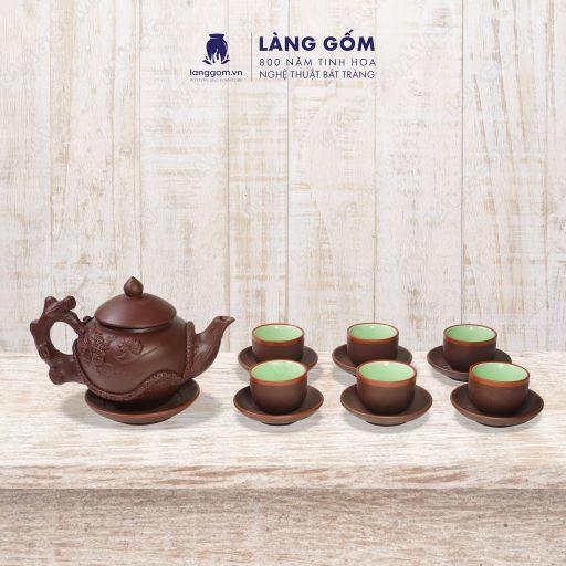 Bộ ấm chén đất nung gốc cây + đĩa tách - Men mộc - Gốm sứ Bát Tràng - langgom.vn