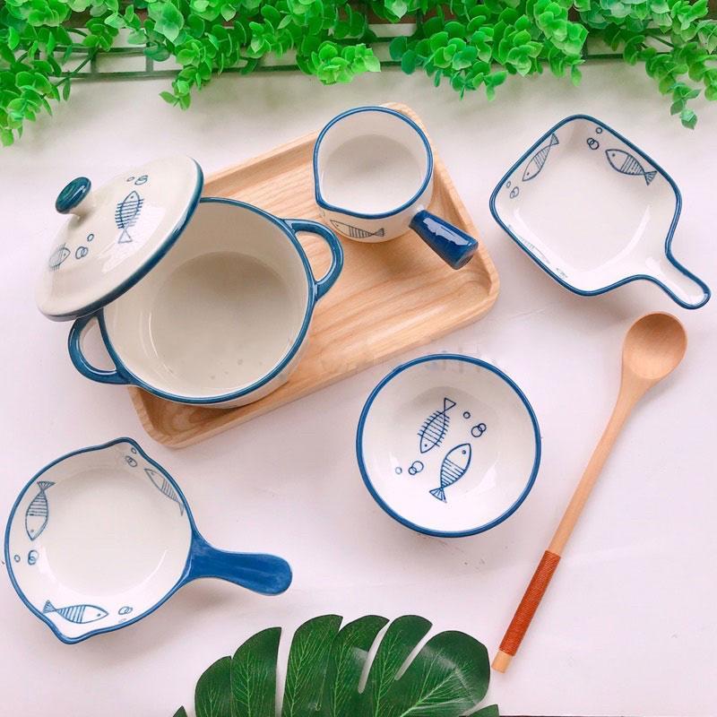 Bộ Bát Sứ Ăn Dặm Kiểu Nhật Họa Tiết Cá Xanh Dễ Thương