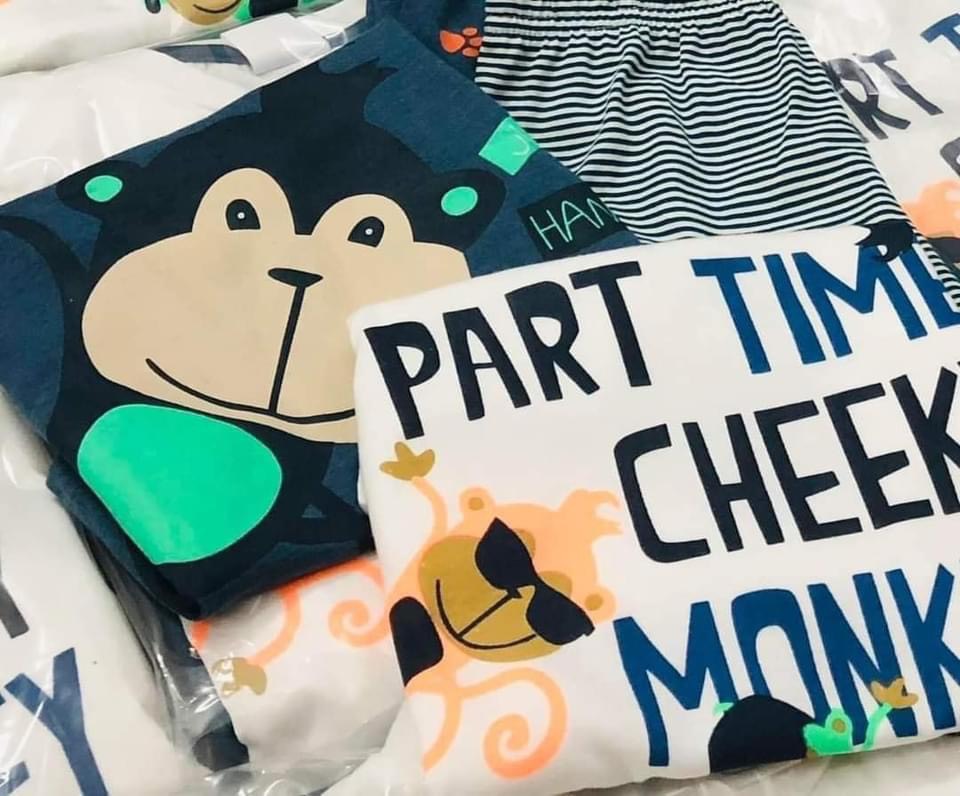 Set 2 bộ mặc nhà thun cổ tròn cộc tay mùa hè hoạ tiết monkey cho bé trai chất cotton