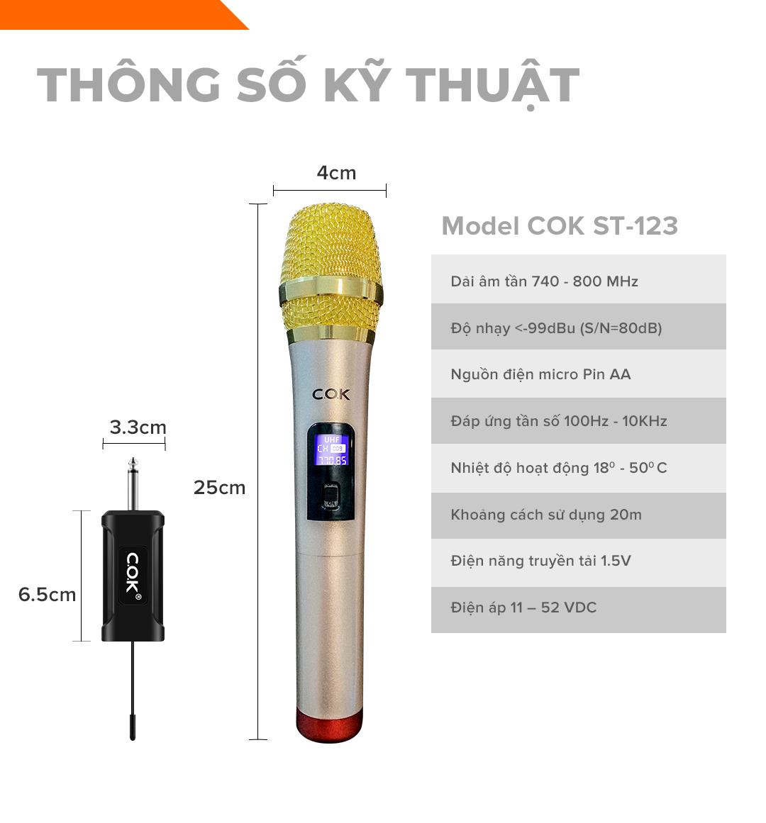 Micro không dây C.O.K ST-123 (2 cái) Dành cho loa kéo, dàn âm ly, Jack 6.5 - Hàng Chính Hãng