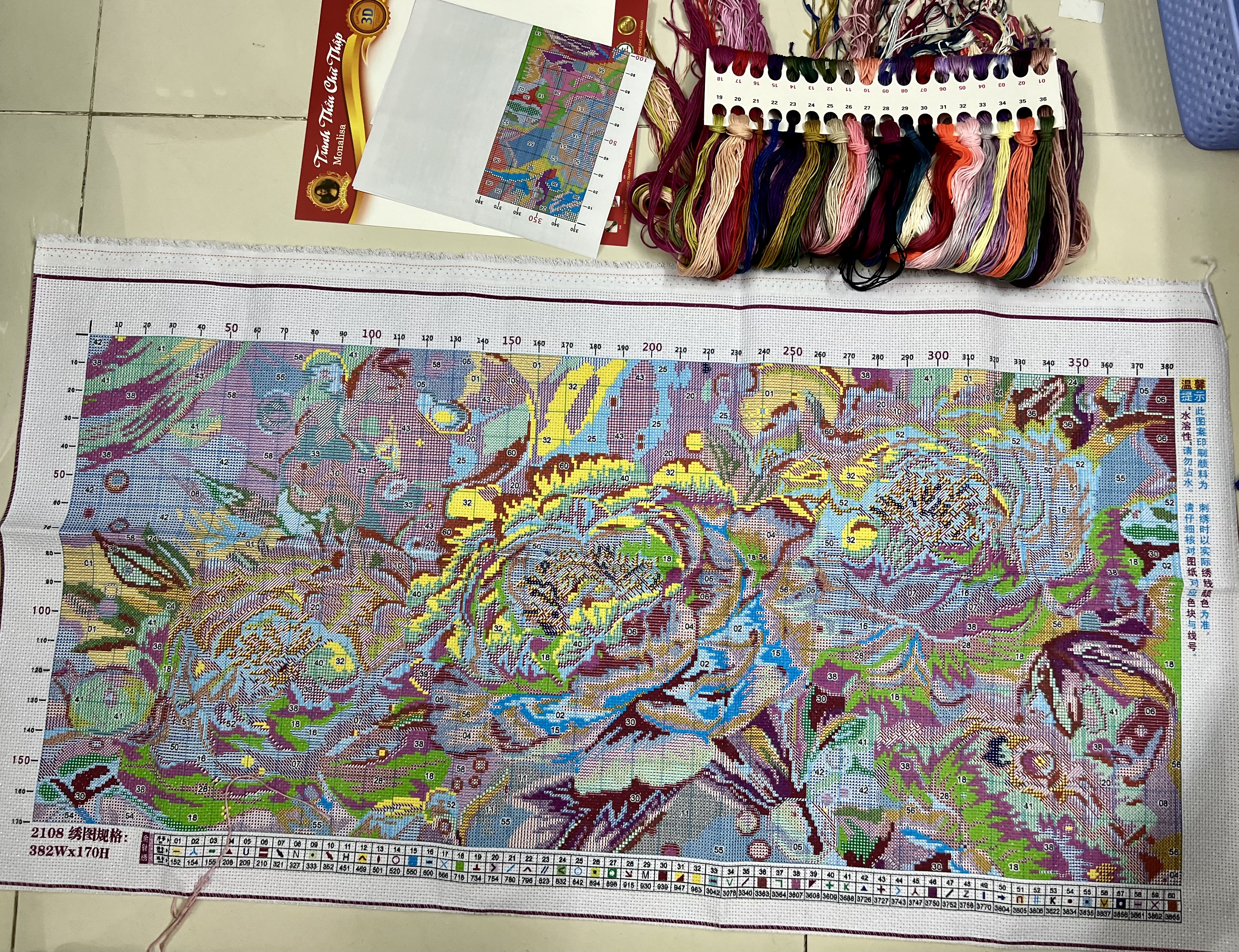 Tranh thêu kín Hoa mẫu đơn 2108, kích thước 50 x85 cm