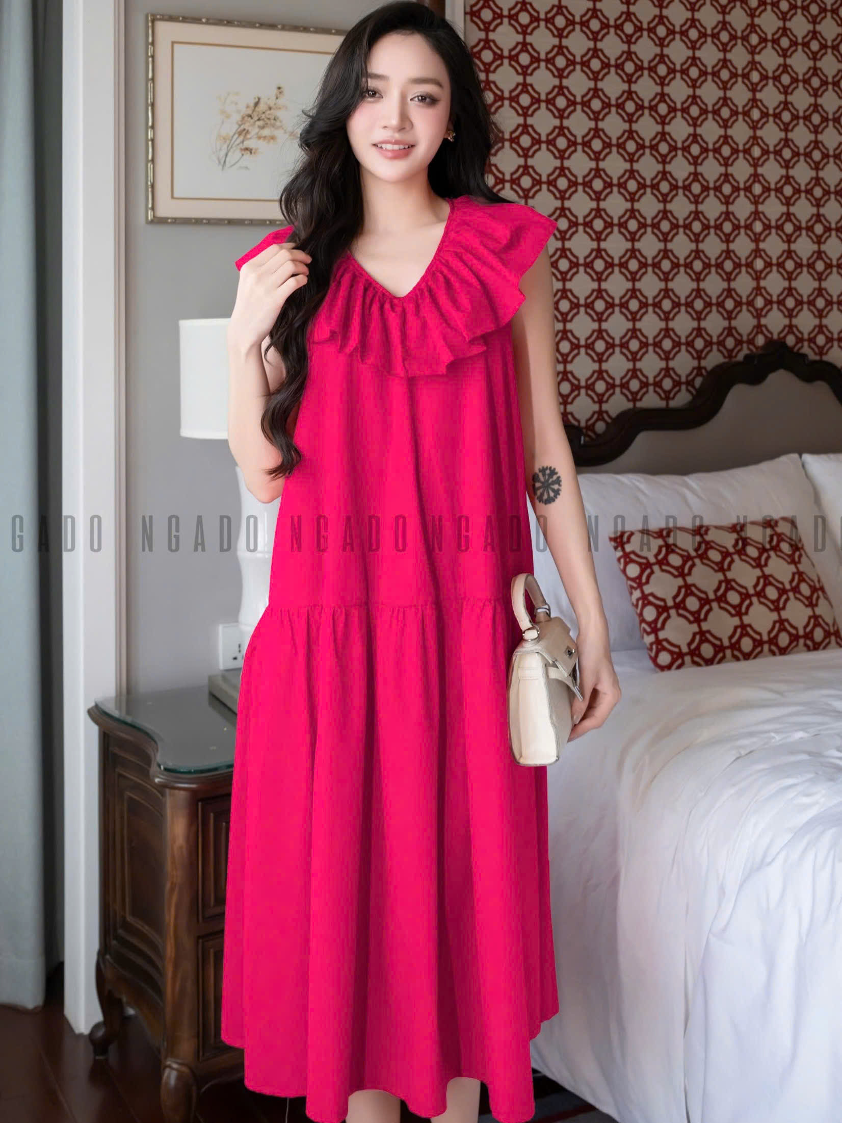 Đầm babydoll hồng sen cổ nhún NGADO , đầm babydoll dài , đầm kiểu Nữ