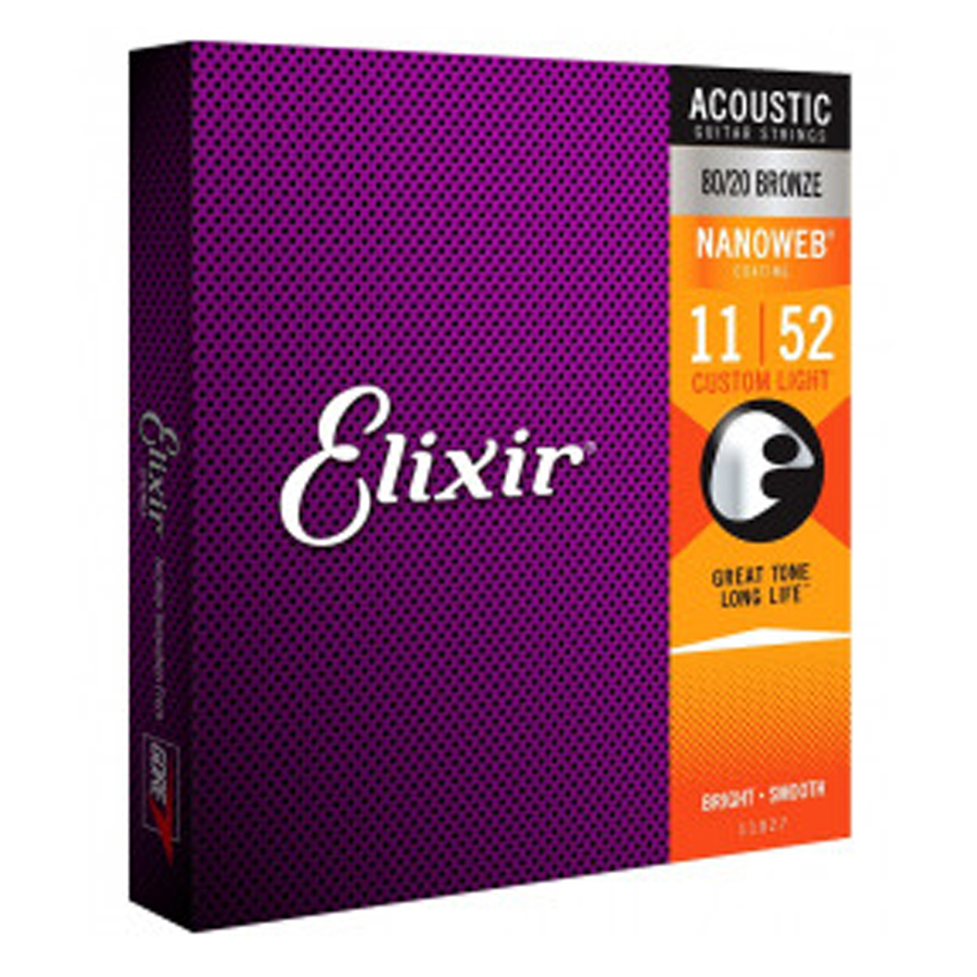 Bộ dây đàn Guitar Acoustic cao cấp/ Acoustic Guitar Strings - Elixir 11027, Bright, Smooth - 80/20 Bronze, Nanoweb Coating, Custom Light 11-52 - Hàng chính hãng