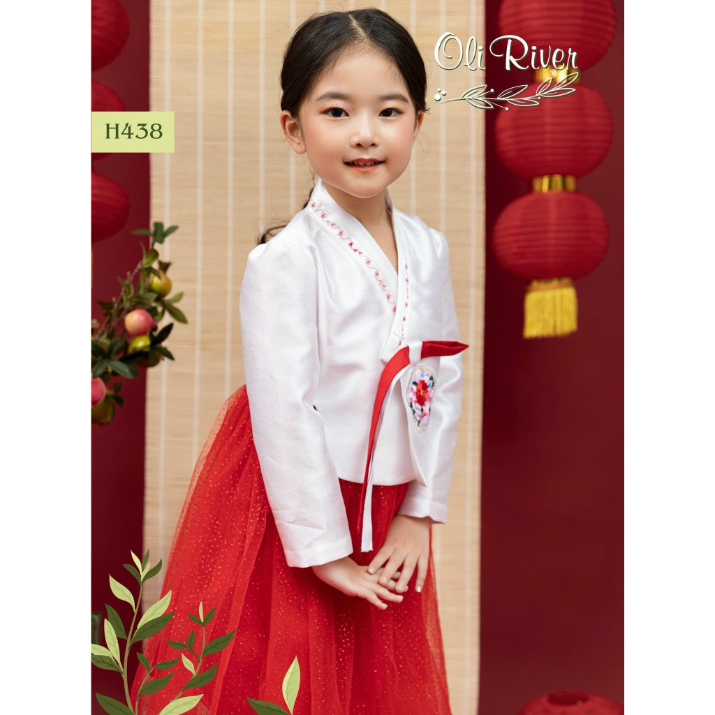 Đầm công chúa hanbok hoa cho bé gái màu đỏ diện tết đẹp size 12-40kg hàng Thiết kế