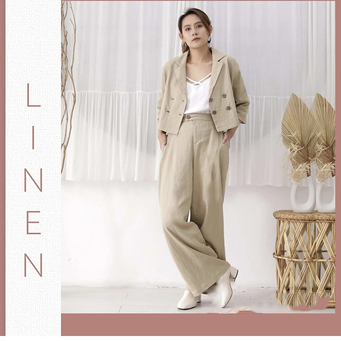 Set bộ linen bột Premium áo vest dáng lửng 4 khuy trước kèm quần ống rộng trẻ trung - Be muốn tiêu