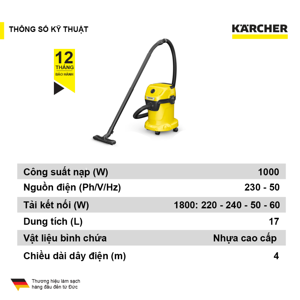 Máy hút bụi đa năng khô và ướt  WD 3 V Car dành cho Karcher - Công suất 1000W - Dùng cho gia đình và ô tô - Hàng Chính Hãng