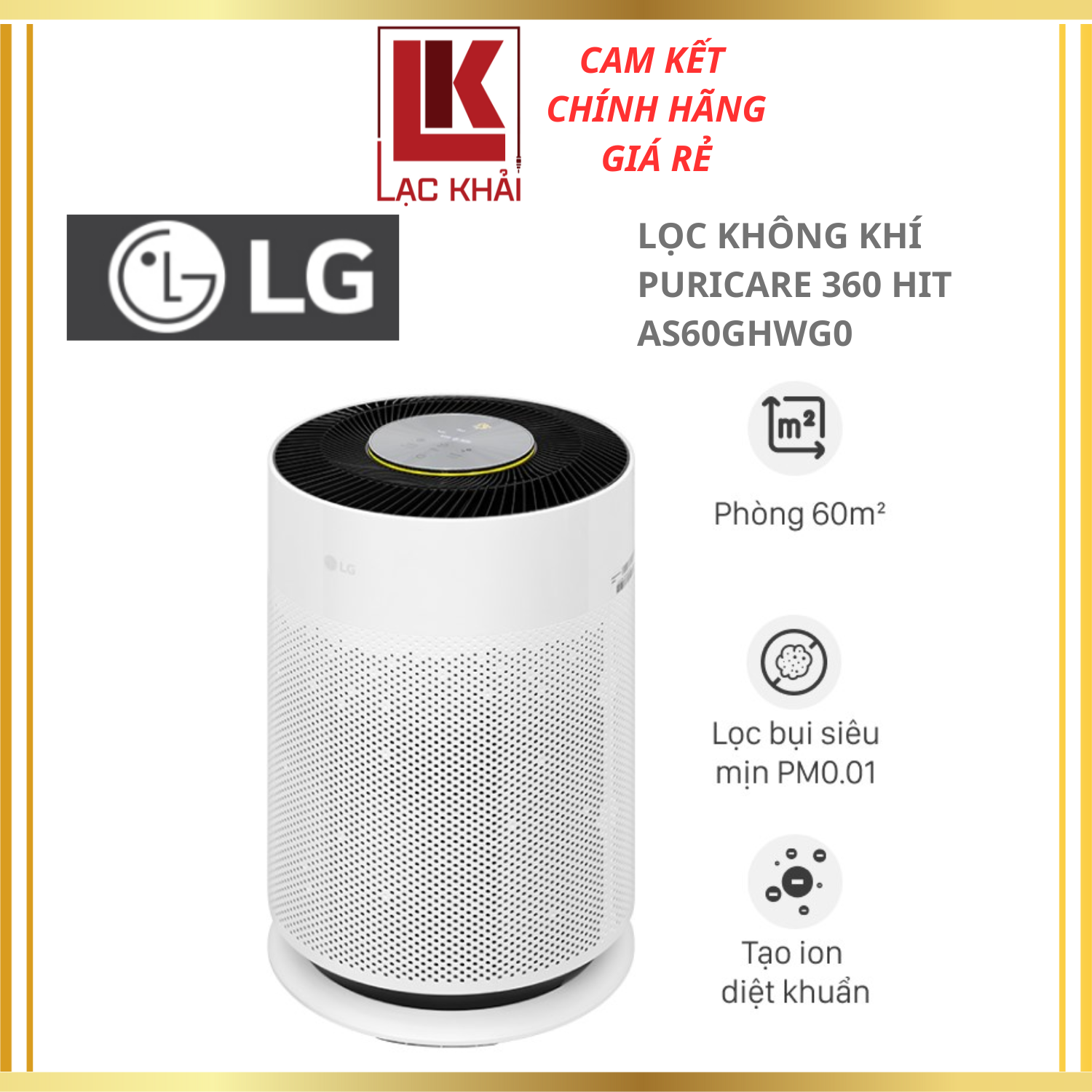 Máy lọc không khí LG Puricare 360 Hit AS60GHWG0, lọc bụi mịn PM0.01, kháng khuẩn 99.9% - Hàng chính hãng - Bảo hành 12 tháng chính hãng