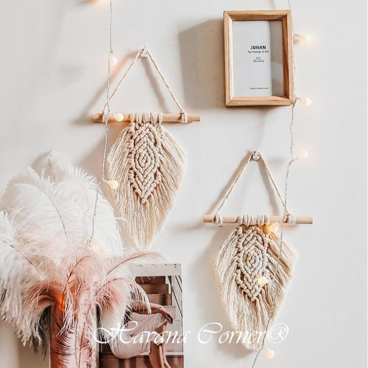 Lá macrame trang trí treo tường, Macrame lá 2 màu trắng, cam đất