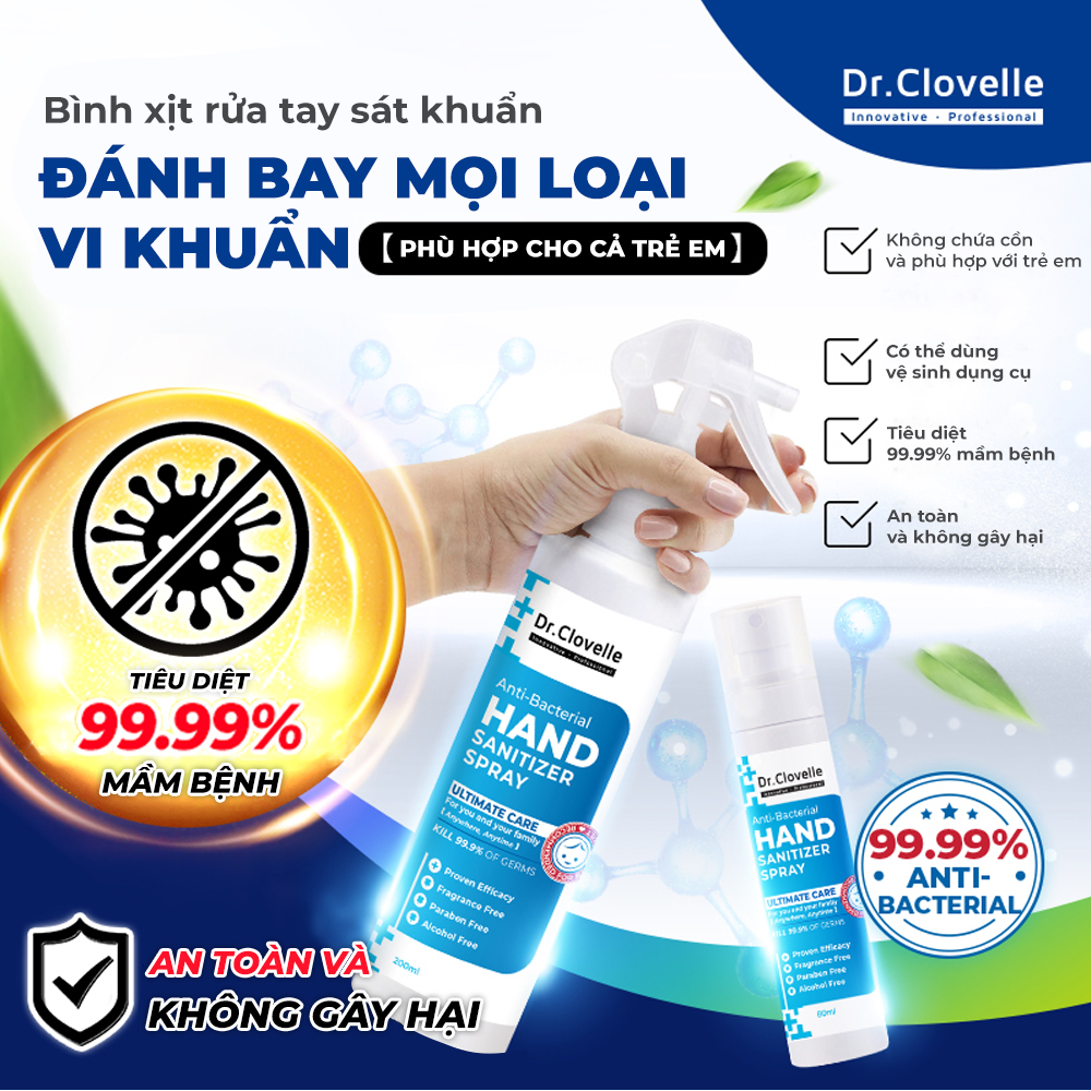 Bình xịt rửa tay Dr Clovelle đánh bay 99.99% vi khuẩn, không chứa cồn, thích hợp cho trẻ em có làn da nhạy cảm