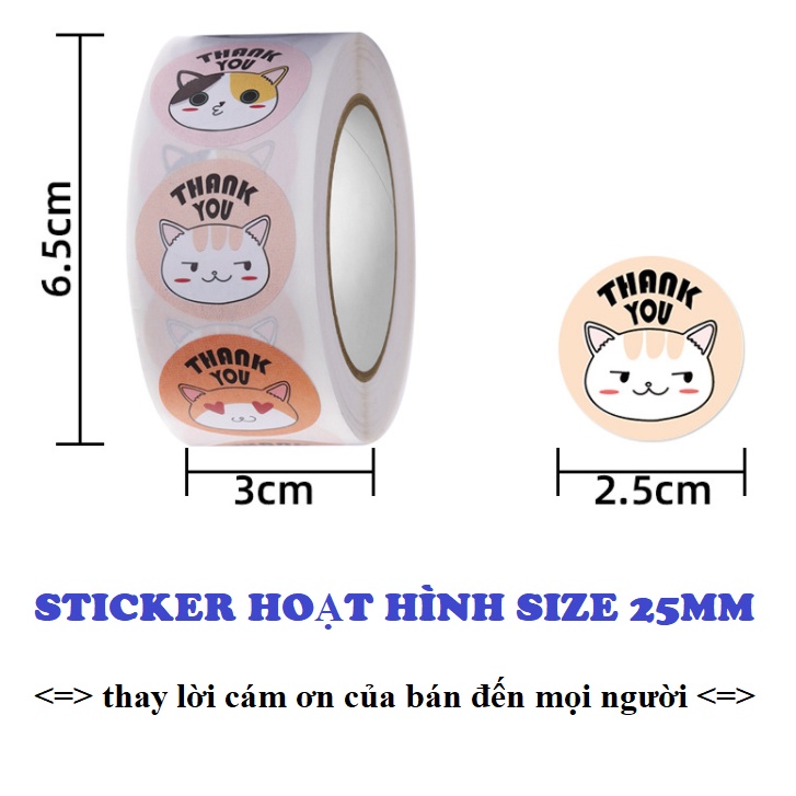 Cuộn Nhãn Dán Sticker Trang Trí Thank You Hoạt Hình Cute 500 Cái x 2.5cm