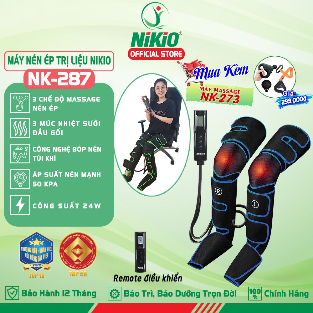 Máy Nén Ép Trị Liệu Suy Giãn Tĩnh Mạch Chân Nikio NK-287 - Massage Chân Bằng Công Nghệ Túi Khí Tân Tiến Với Áp Suất 50 Kpa - Tích Hợp Nhiệt Sưởi Ấm Đầu Gối - Tăng Tuần Hoàn Máu, Hỗ Trợ Cải Thiện Suy Giãn Tĩnh Mạch Và Đau Nhức Chân - Xanh dương
