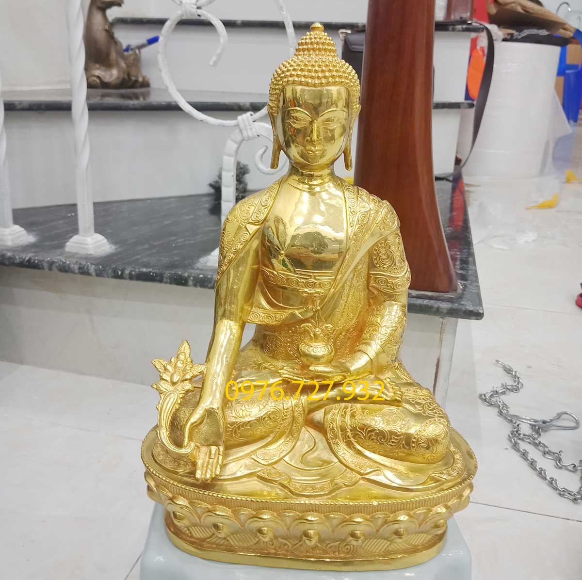 Tượng phật dược sư bằng đồng mạ vàng đài loan cao 29cm, tương phật dược sư