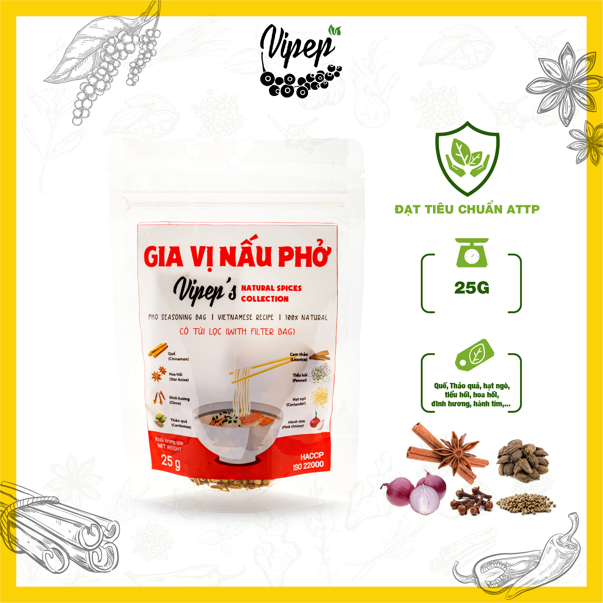 Combo 5 gói gia vị nấu phở - lẩu thái - Tomyum chuẩn Hadilao - bò/dê - súp gà - gà tiềm (Vipep)