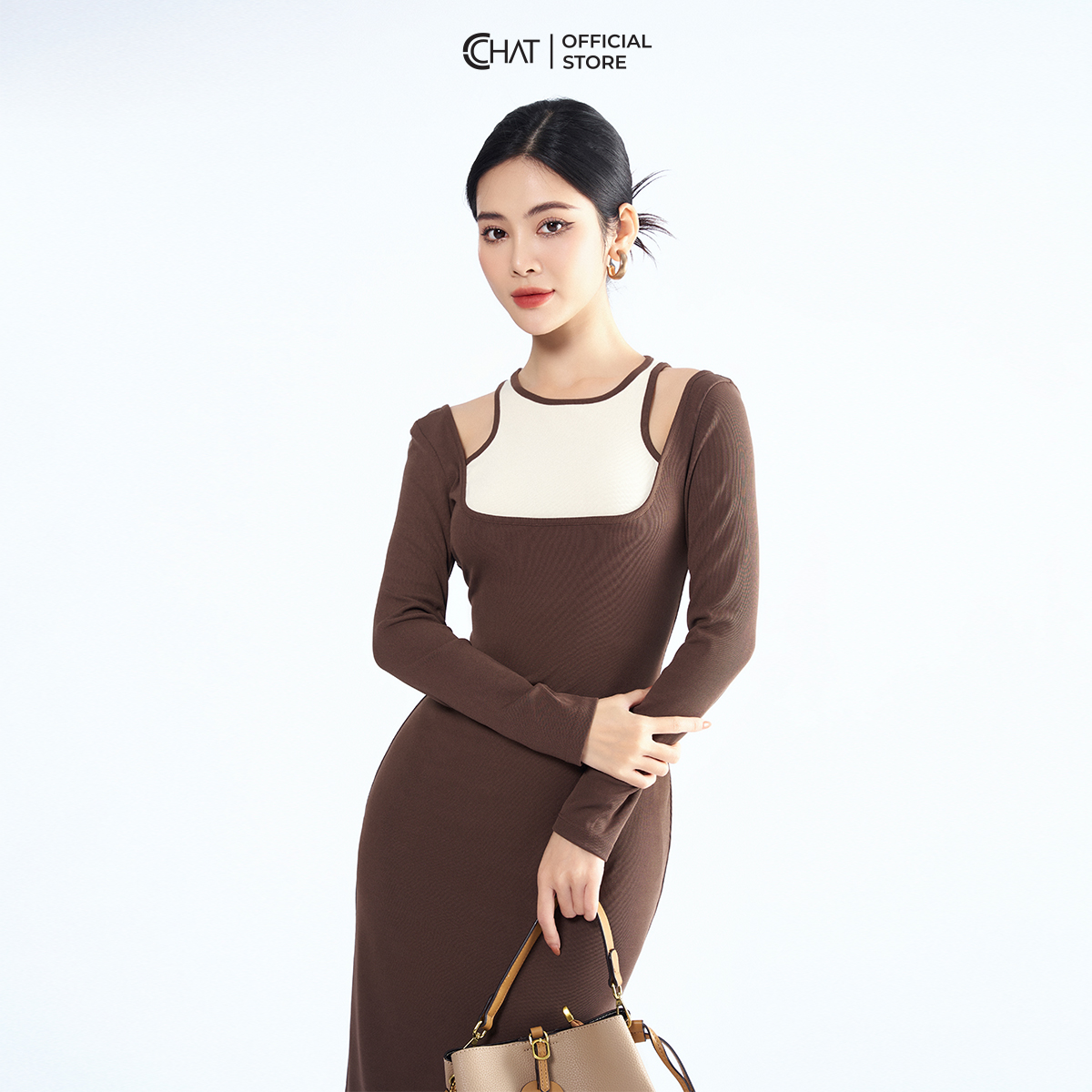 Đầm Nữ  Dáng Ôm Phối Cutout Kiểu Chất Thun Co Giãn Mềm Mịn 22VDC8025OT