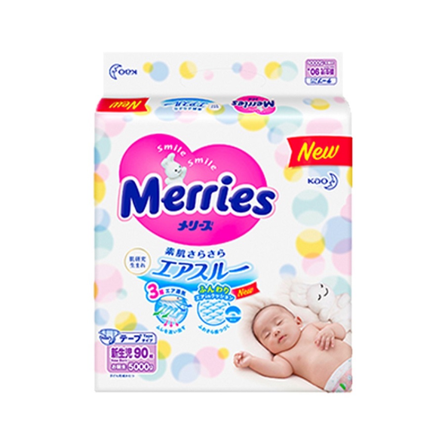 3 Gói Tã Dán Merries Size NB - 90 Miếng (Cho Bé Dưới 5Kg)