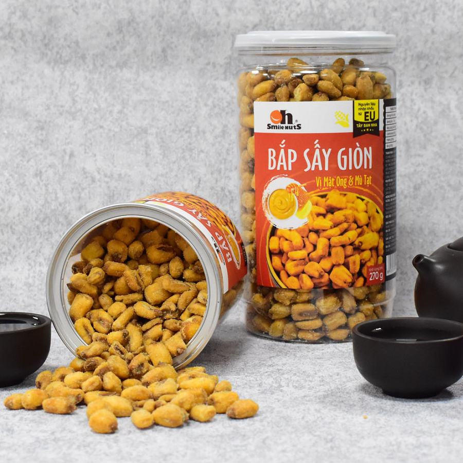 Bắp Sấy Giòn Smilenuts vị Mật Ong &amp; Bù Tạt hộp 270g _ Nhập khẩu từ Tây Ban Nha _ Bắp sấy giòn rụm, thơm ngon, tẩm vị vừa ăn _ phù hợp ăn vặt, snack bắp rang/sấy hảo hạng