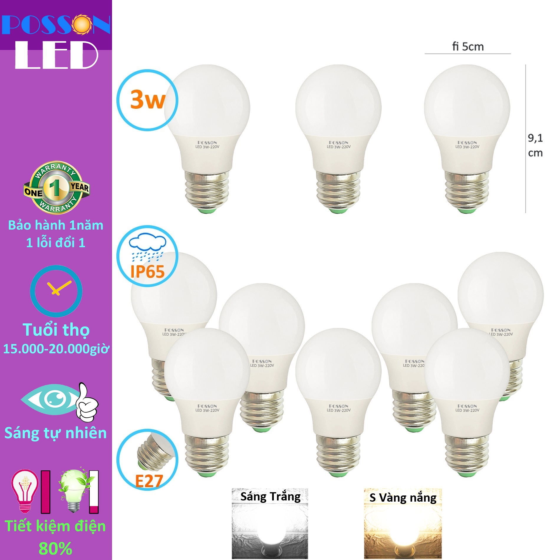 10 Bóng đèn Led 3w bup tròn A50 bulb tiết kiệm điện kín chống nước mưa trang trí ngoài trời Posson LB-3x