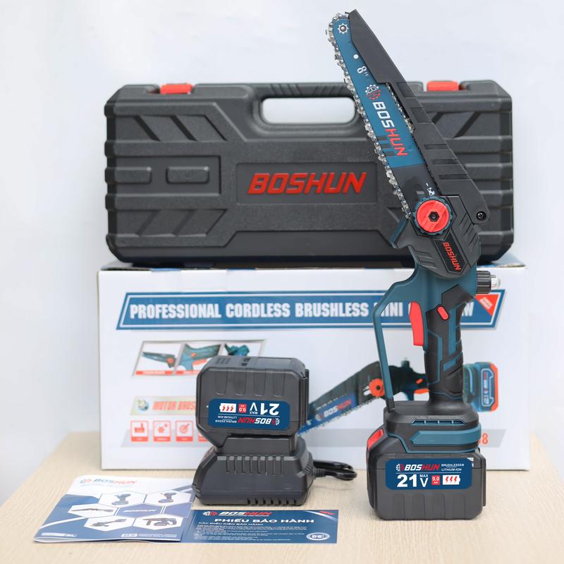 Máy cưa xích pin BOSHUN CS08, Lam xích 8 inch, Pin khủng 15cell, Động cơ Không Chổi Than - Motor ruột đồng  - Hàng Chính Hãg